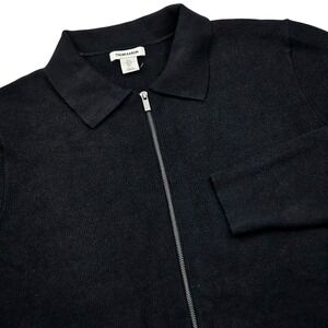 Thom Aaron Sweater Mens Large Black Full Zip Waffle Knit Polo Dark Academia
